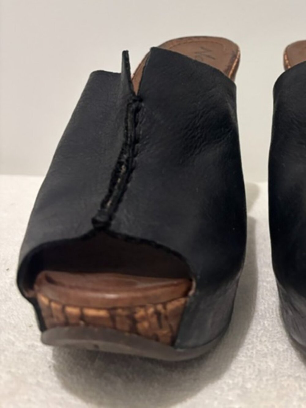 Naya Black Leather Wedge Sandal with Cork Heel - 8